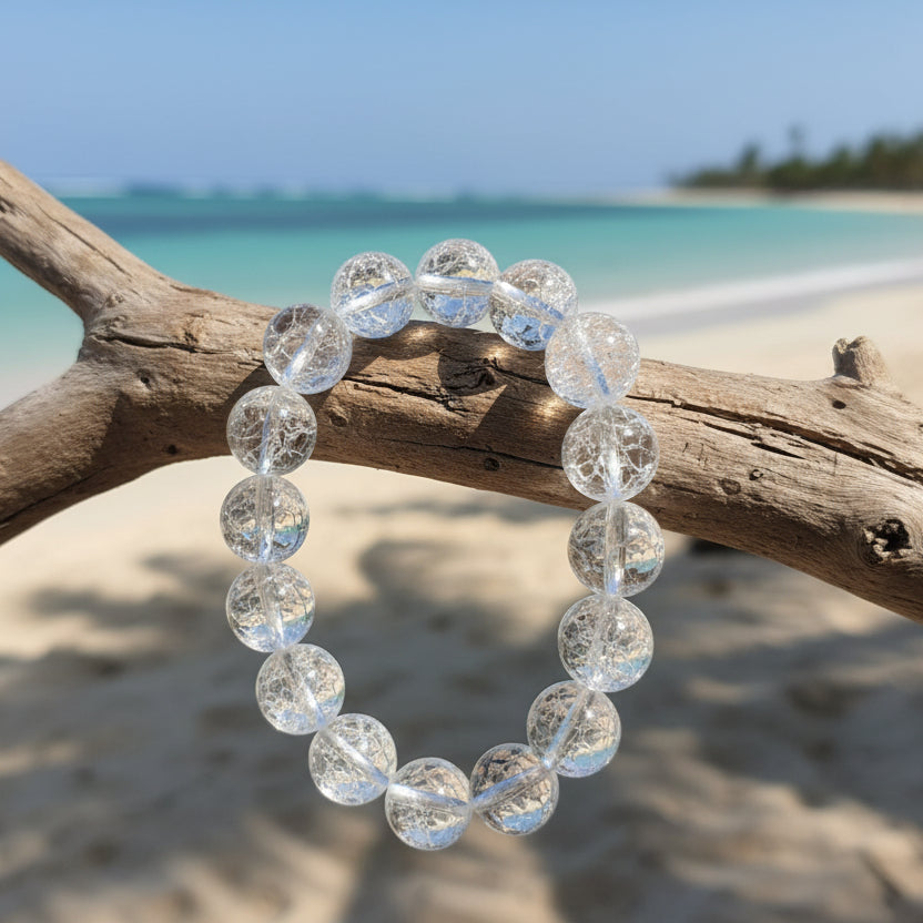 cristal de roche craquelé, bracelet boules 14mm