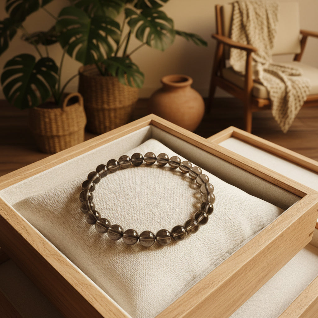 Quartz Fumé, bracelet boules 6mm "Ancrage Sérénité" Qualité AA+