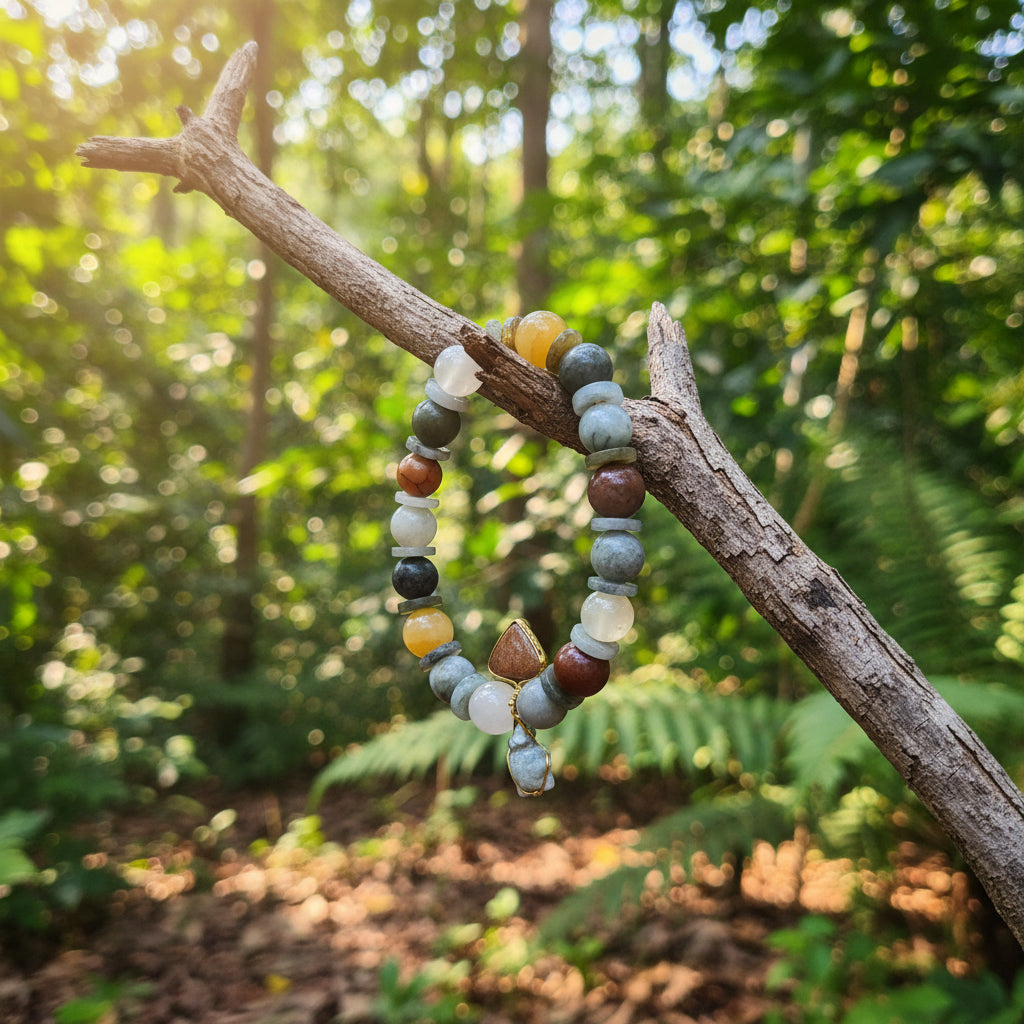 Jade birman, bracelet boules + joncs 10mm avec pendants
