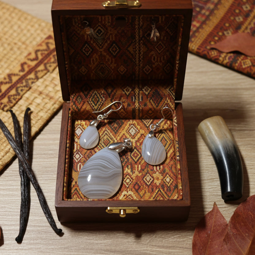 Parure Pendentif + Boucles d'oreilles, agate rubanée Extra qualité