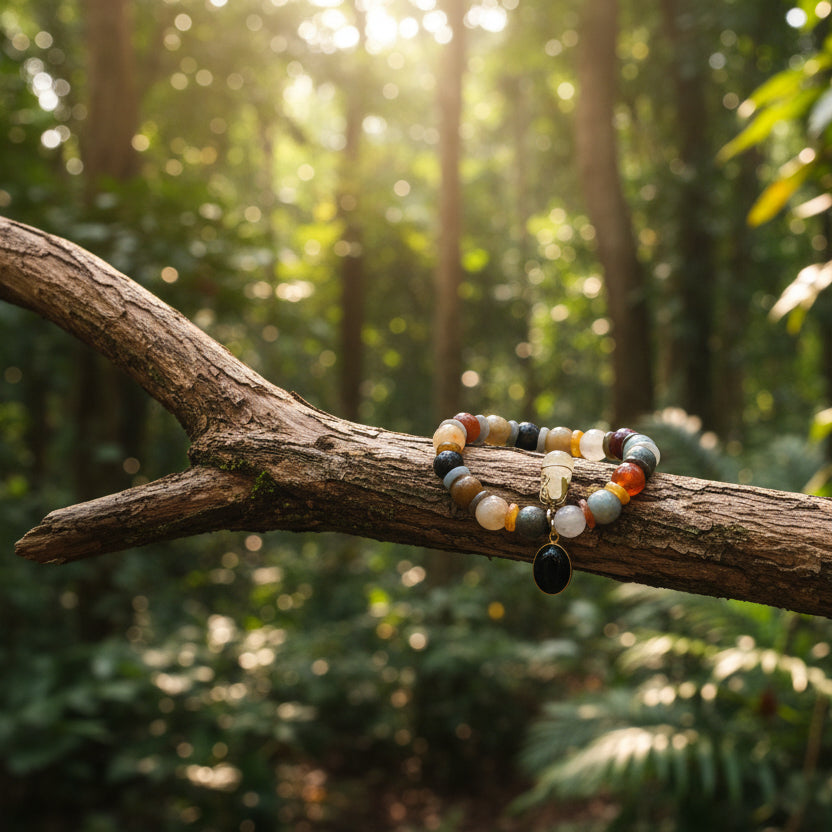 Jade birman, bracelet boules + joncs 10mm avec pendants