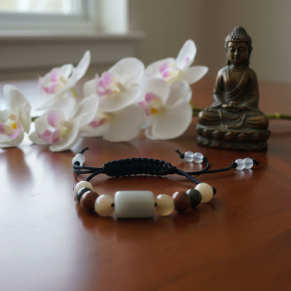 Jade birman, bracelet boules 8mm + 1 cylindre sur fil shamballa réglable