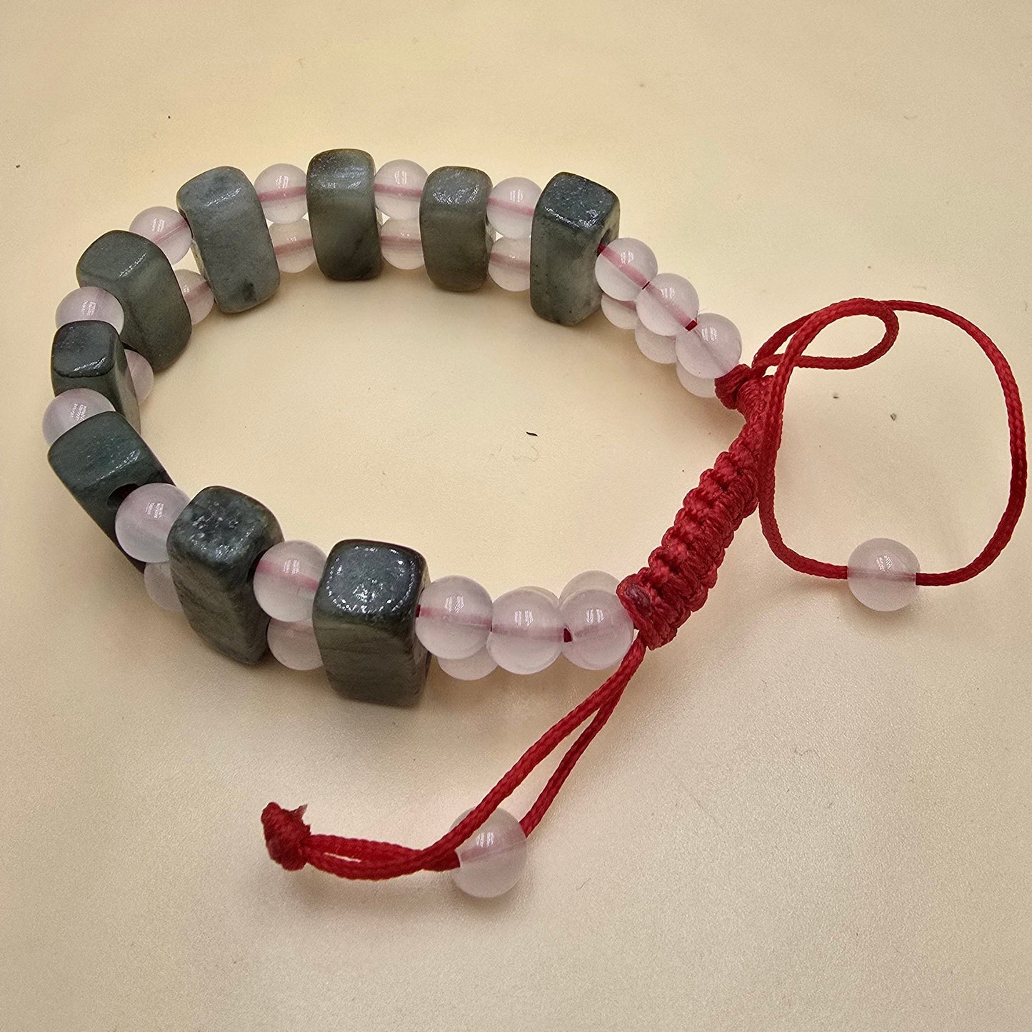 Jade birman, bracelet plaques + quartz rose boules 6mm