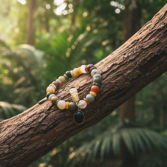 Jade birman, bracelet boules + joncs 10mm avec pendants