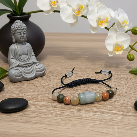 Jade birman, bracelet boules 8mm + 1 cylindre sur fil shamballa réglable