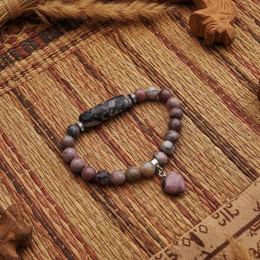 Rhodonite, bracelet boules 8mm / plaque et coeur qualité AA+