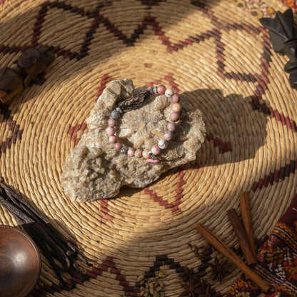 Rhodonite, bracelet boules 8mm / plaque et coeur qualité AA+