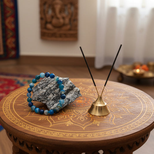 Agate bleue d'Inde, bracelet boules qualité AA+