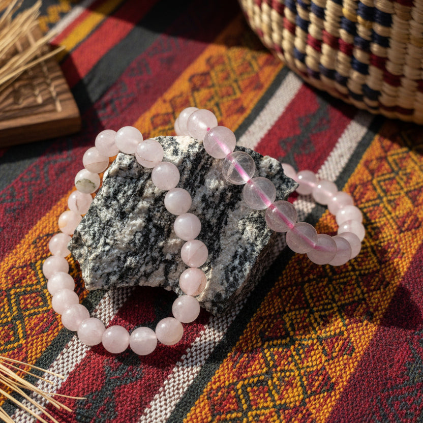 Quartz rose de Madagascar, bracelet boules qualité AA+