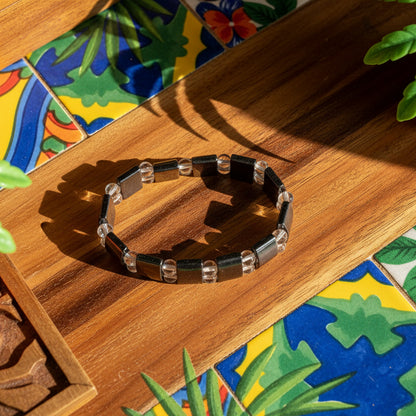Hématite, bracelet plaque + boules Cristal de roche qualité AA+