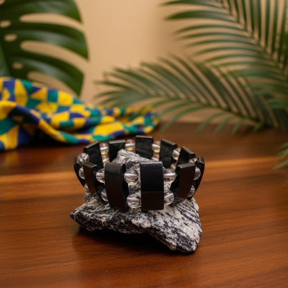 Hématite, bracelet plaque + boules Cristal de roche qualité AA+