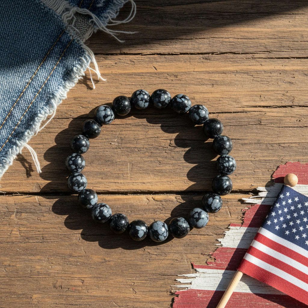 Obsidienne Flocon des Etats-Unis, bracelet boules qualité AA+