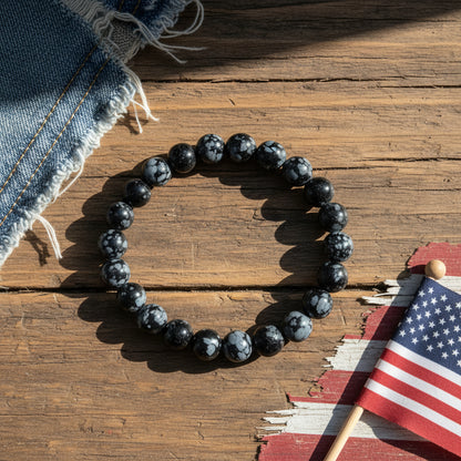 Obsidienne Flocon des Etats-Unis, bracelet boules qualité AA+