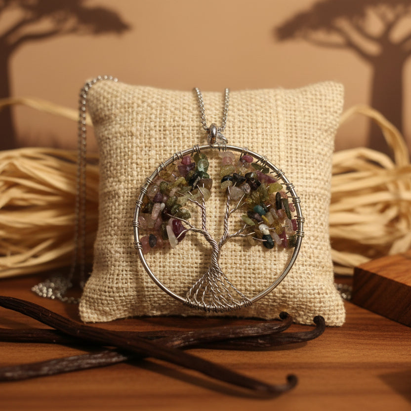 Tourmaline melon d'eau, pendentif sur arbre de vie qualité AA+