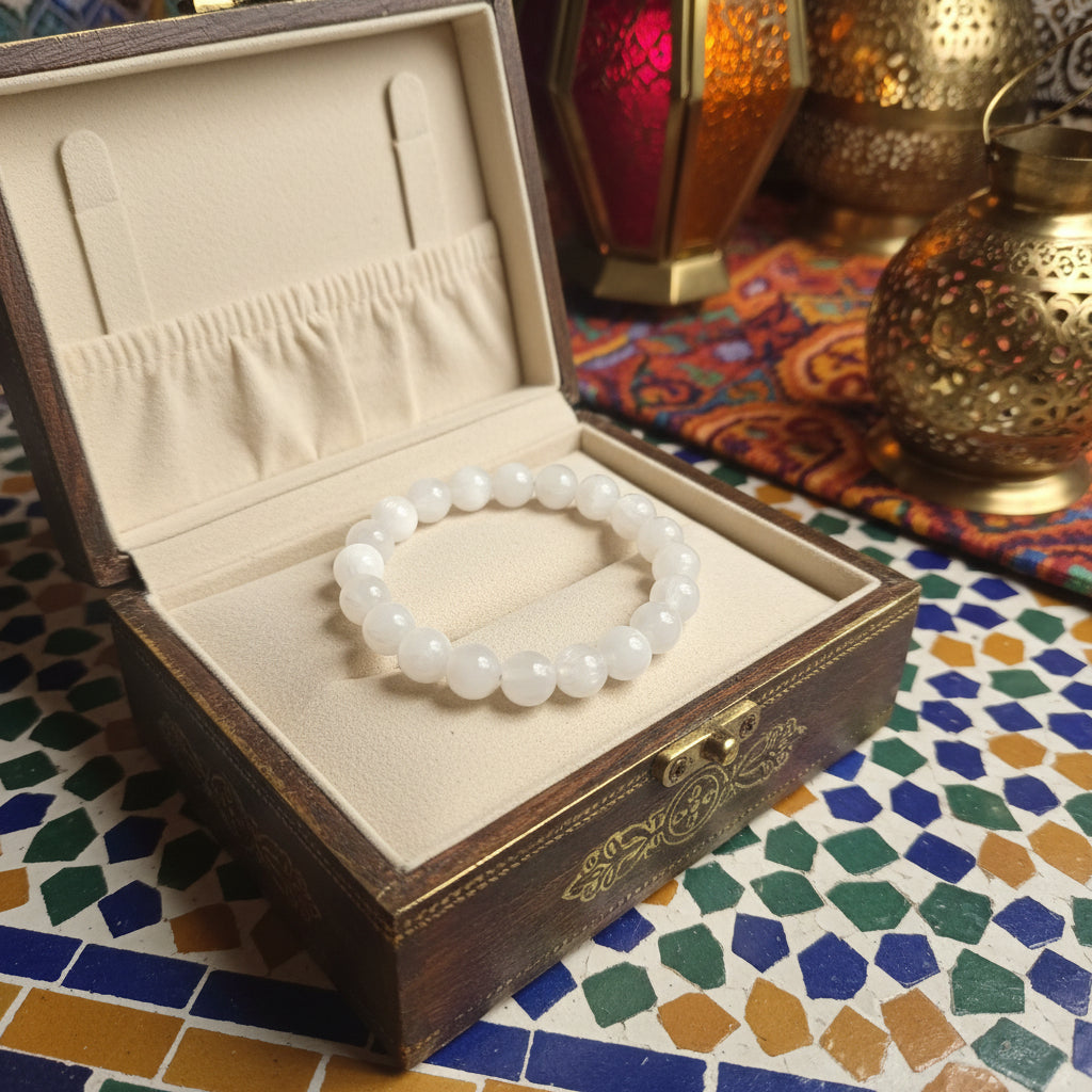 Sélénite, bracelet boules 8mm, Qualité AAA, Maroc.