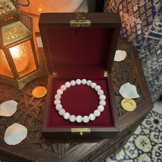 Sélénite, bracelet boules 8mm, Qualité AAA, Maroc.