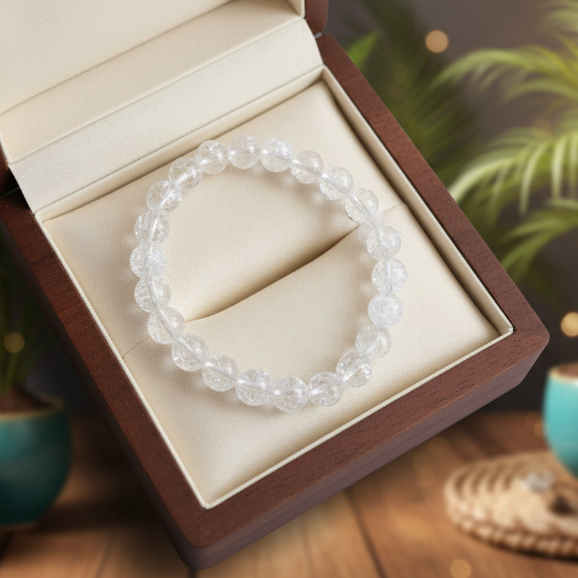 cristal de roche craquelé, bracelet boules 10mm, Brésil.