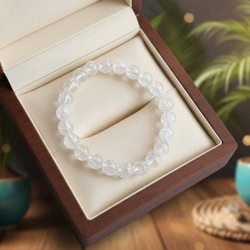 cristal de roche craquelé, bracelet boules 10mm, Brésil.