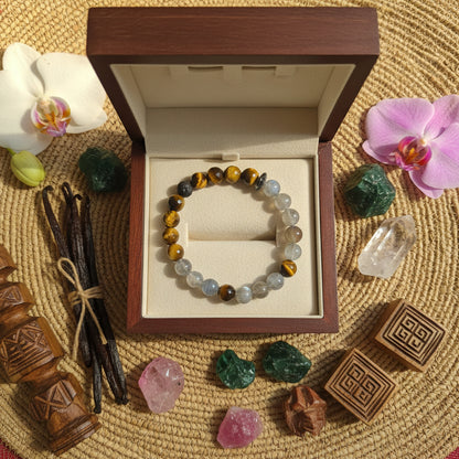 Labradorite extra et Oeil de tigre facetté, bracelet boules 8mm AAA