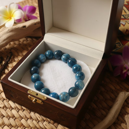 Apatite bleue,  bracelet boules 14mm qualité AAA+. Madagascar