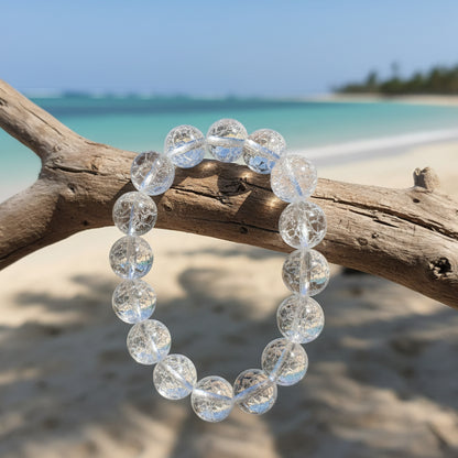 cristal de roche craquelé, bracelet boules 14mm