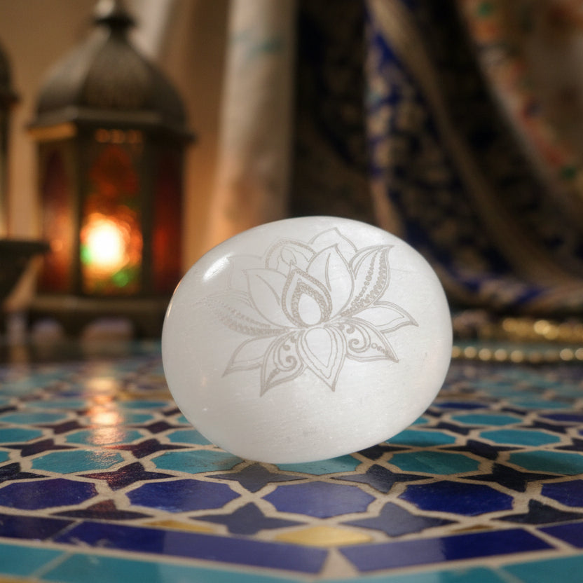 Sélénite, Galet gravé fleur de lotus 50x60mm, Maroc.