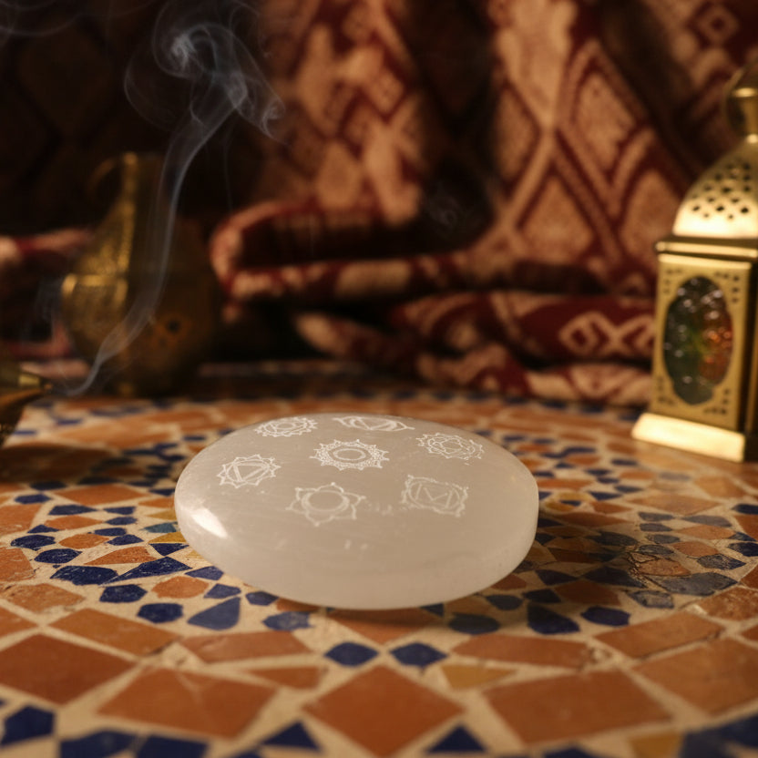 Sélénite, Galet gravé 7 chakras 55x65mm, Maroc.