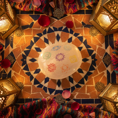 Sélénite, Galet gravé couleur 7 chakras 55x65mm, Maroc.