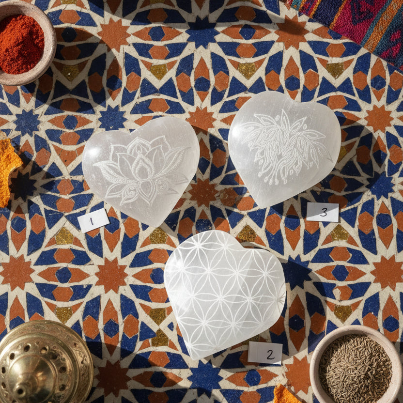 Sélénite, Coeurs gravés 65x60mm, Maroc, 3 modèles différents.