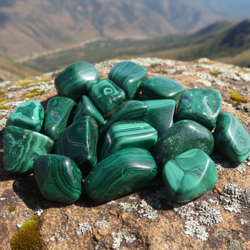 Malachite du Congo extra qualité, pierres roulées.