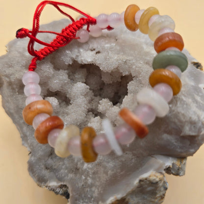 Jade birman, bracelet joncs 10mm + quartz rose boules 6mm