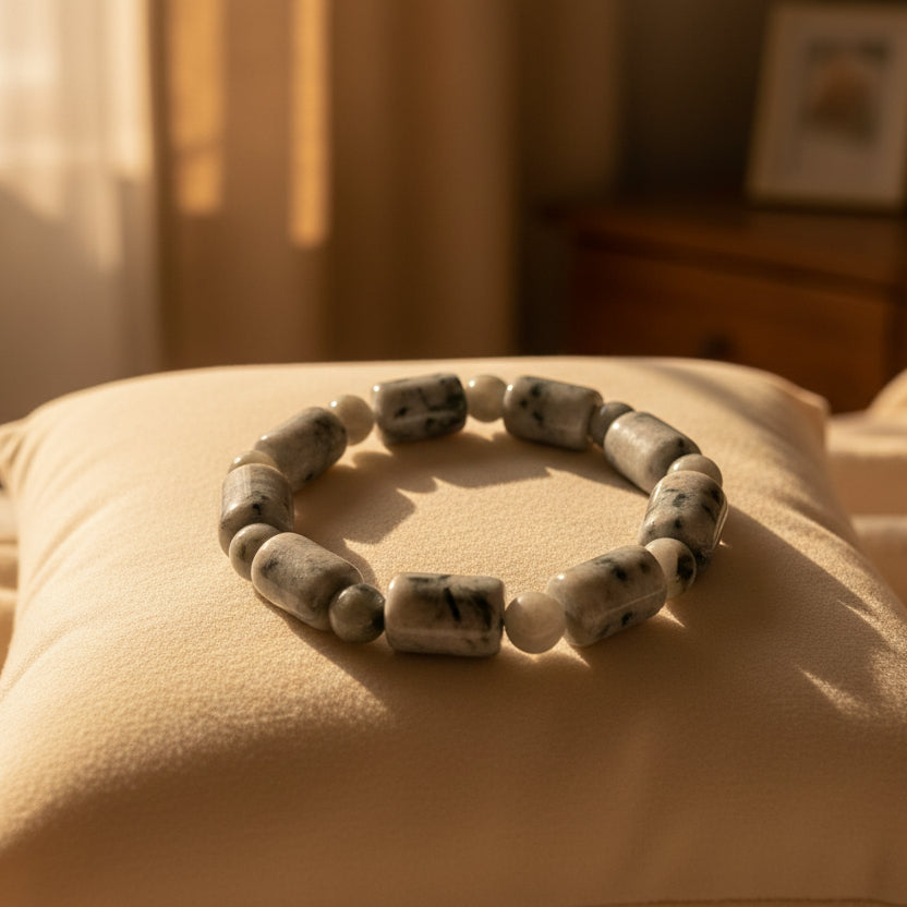 Jade birman, bracelet cylindres + boules 8mm clair