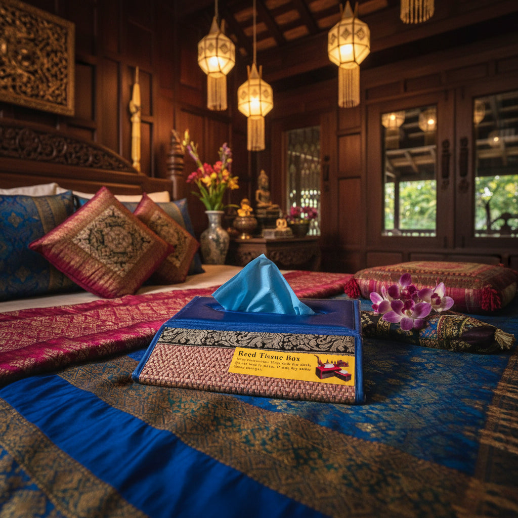 Boite à mouchoirs artisanale, roseaux et tissus provenance Nord Thailande