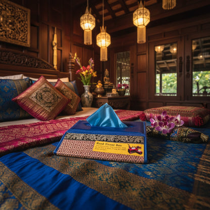 Boite à mouchoirs artisanale, roseaux et tissus provenance Nord Thailande