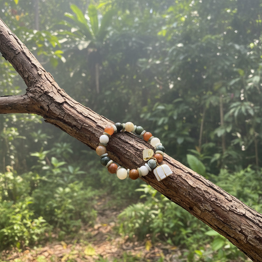 Jade bIrman, bracelet  boules + joncs 10mm avec pendants