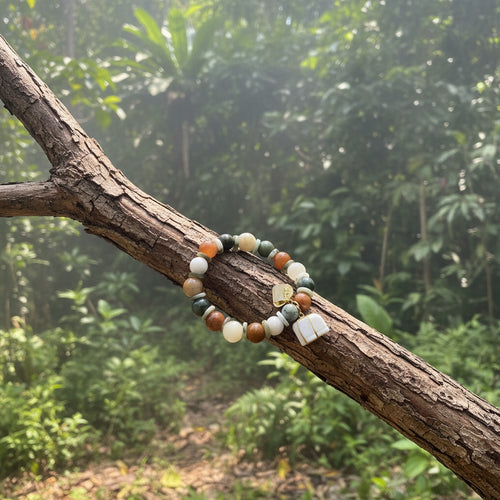 Jade bIrman, bracelet  boules + joncs 10mm avec pendants