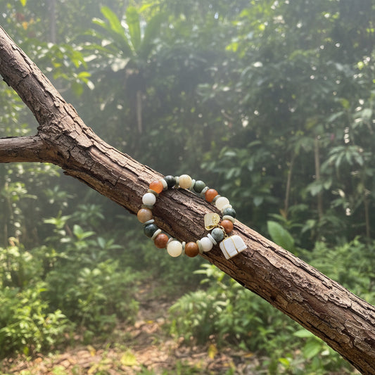 Jade bIrman, bracelet  boules + joncs 10mm avec pendants