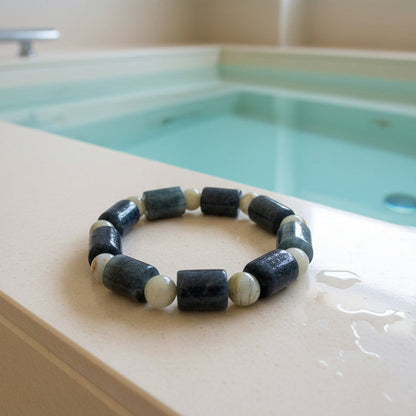 Jade birman, bracelet cylindres + boules 8mm vert foncé