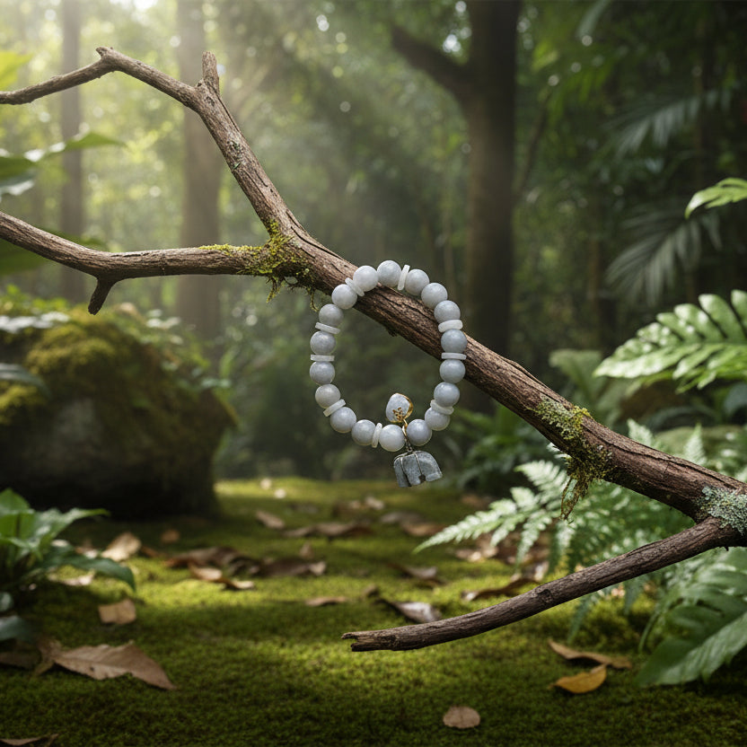Jade bIrman, bracelet  boules + joncs 10mm avec pendants