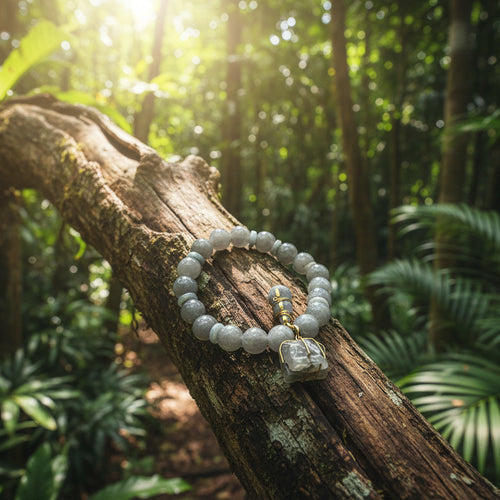 Jade birman, bracelet boules + joncs 10mm avec pendants