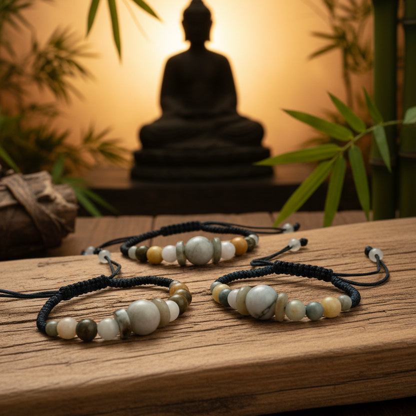 Jade birman, bracelet boules 6 à 12mm sur fil shamballa réglable