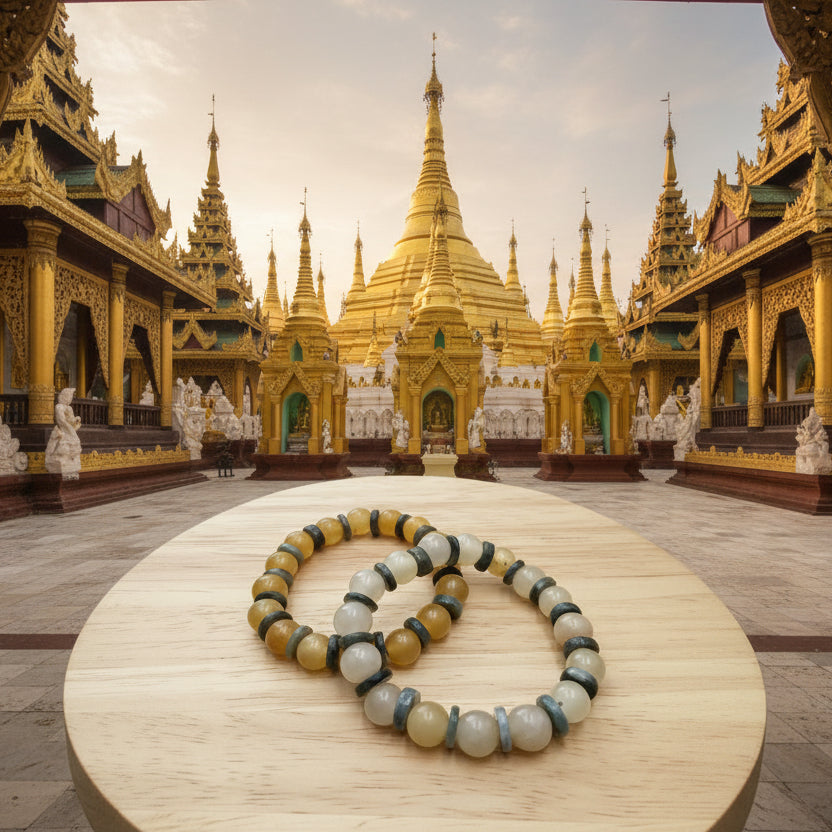 Jade birman, bracelet boule + joncs 10mm