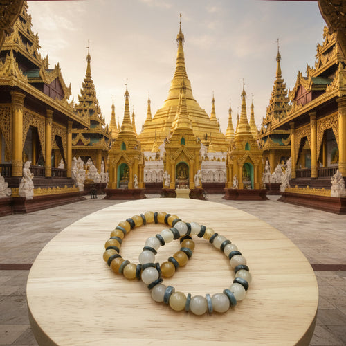 Jade birman, bracelet boule + joncs 10mm