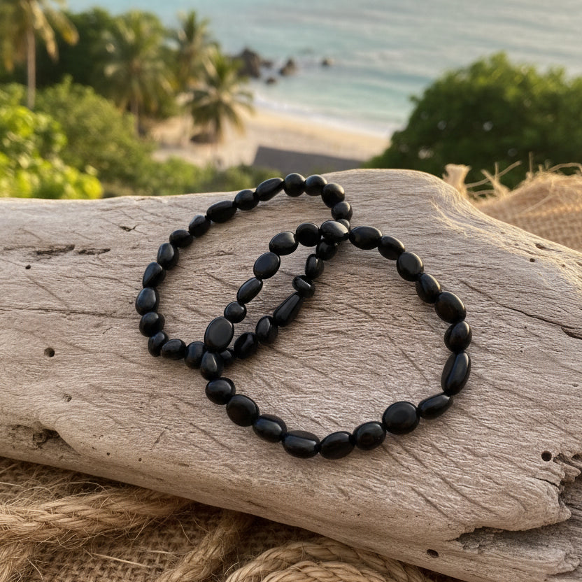 Tourmaline noire naturelle, bracelet boules formes olive qualité AA+