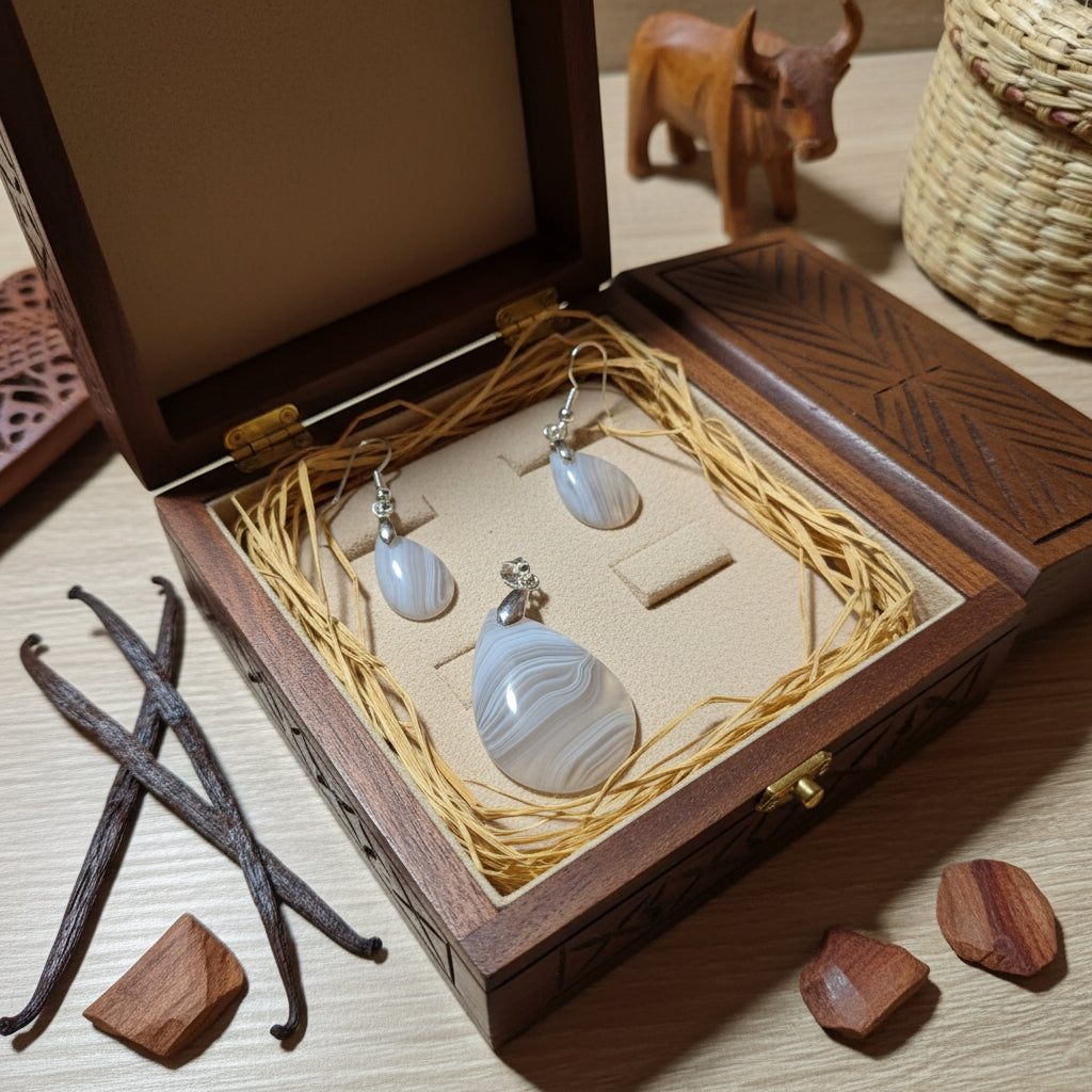 Parure Pendentif + Boucles d'oreilles, agate rubanée Extra qualité