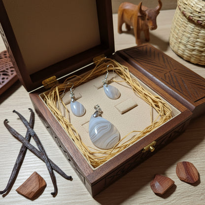 Parure Pendentif + Boucles d'oreilles, agate rubanée Extra qualité