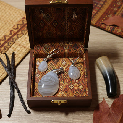 Parure Pendentif + Boucles d'oreilles, agate rubanée Extra qualité