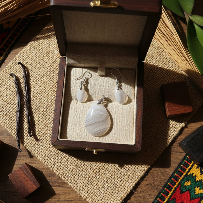 Parure Pendentif + Boucles d'oreilles, agate rubanée Extra qualité