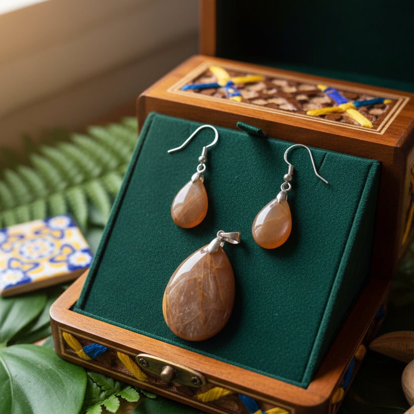 Parure Pendentif + Boucles d'oreilles, Pierre de Lune Pêche