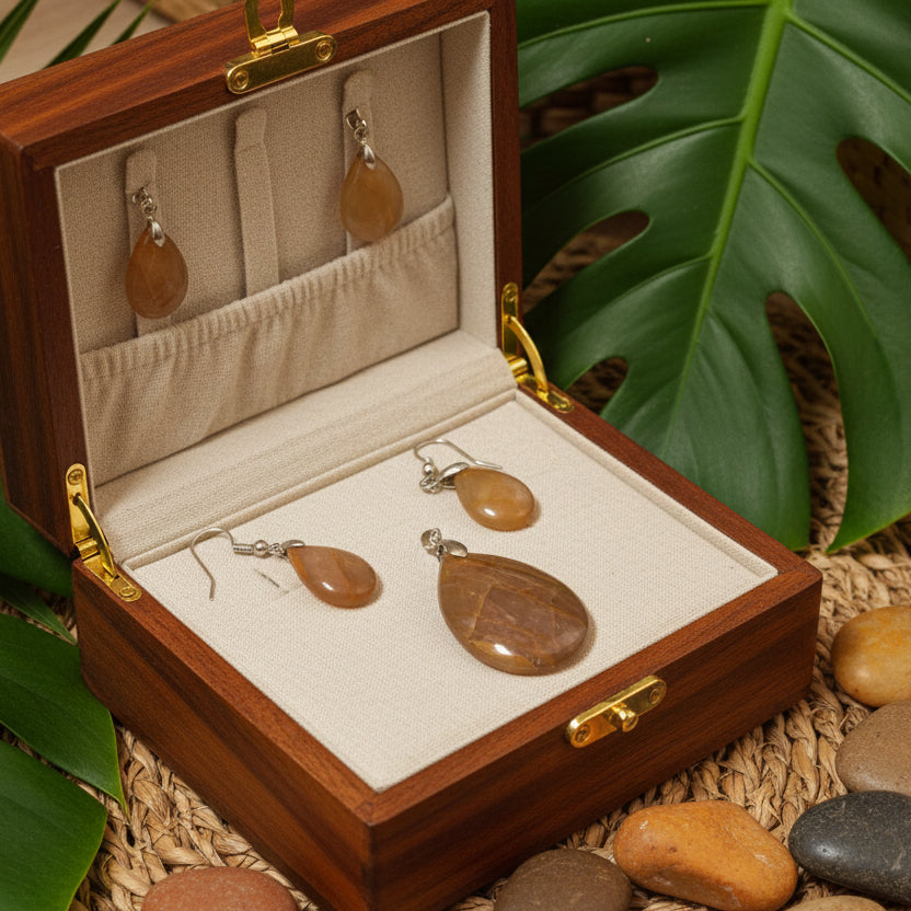 Parure Pendentif + Boucles d'oreilles, Pierre de Lune Pêche